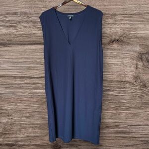 Eileen Fisher Deep V-Neck Dress Size Large Navy Midnight